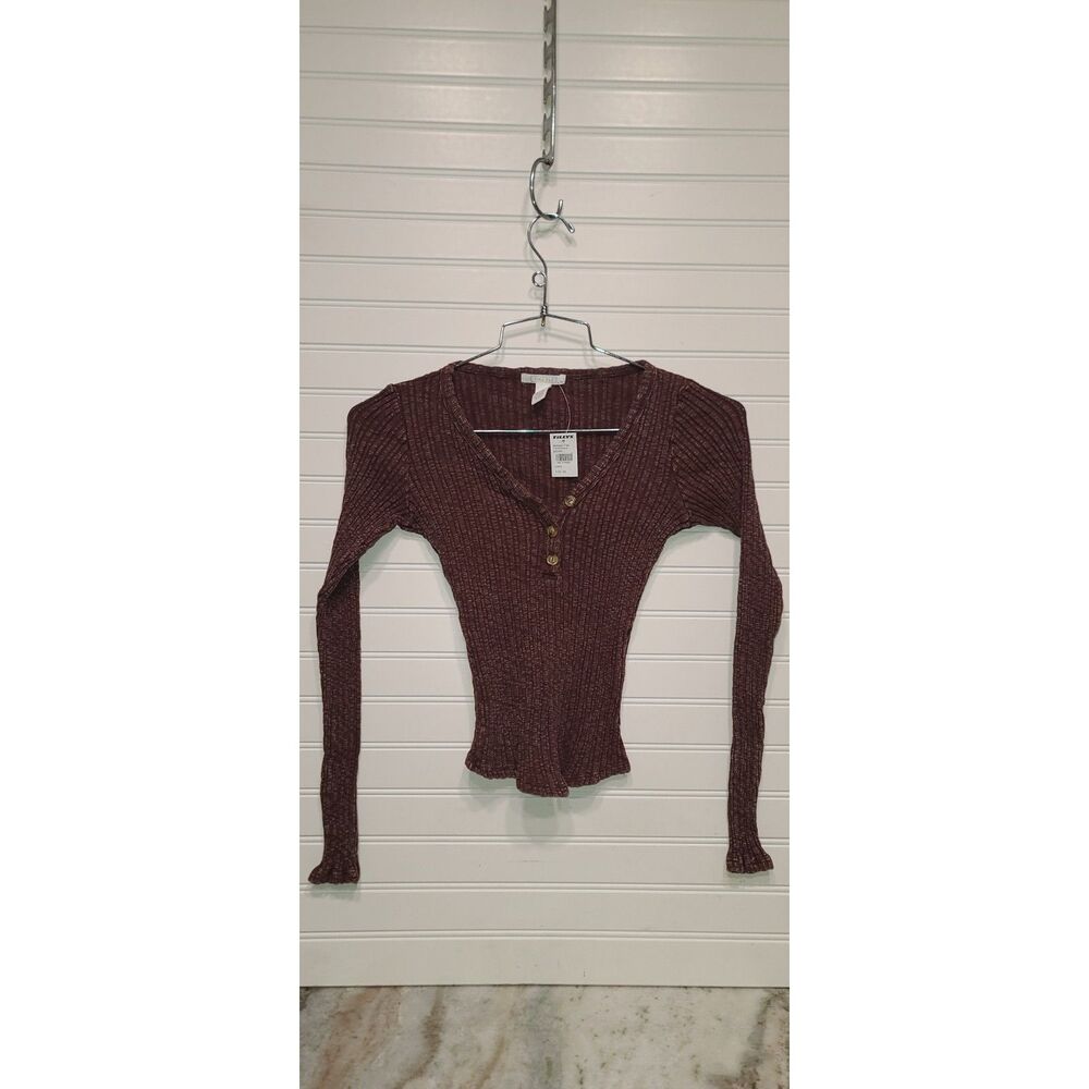 Full Tilt Womens Long Sleeve Rib Henley Brown Size XS NWT